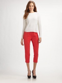 Smooth, slim and short, this cropped style of light stretch twill is the essence of simplicity.Bandless waistFront and back dartsFlat frontSlim fitSide zip closureBack slits at hemInseam, about 24½56% cotton/37% polyester/7% elastaneDry cleanImported Model shown is 5'9½ (176cm) wearing US size 4. Smooth, slim and short, this cropped style of light stretch twill is the essence of simplicity.Bandless waistFront and back dartsFlat frontSlim fitSide zip closureBack slits at hemInseam, about 24½56% cotton/37% polyester/7% elastaneDry cleanImported Model shown is 5'9½ (176cm) wearing US size 4.