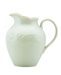 With fanciful beading and a feminine edge, this Lenox French Perle pitcher has an irresistibly old-fashioned sensibility. Hardwearing stoneware is dishwasher safe and, in an ethereal ice-blue hue with antiqued trim, a graceful addition to every meal. With fanciful beading and a feminine edge, this Lenox French Perle pitcher has an irresistibly old-fashioned sensibility. Hardwearing stoneware is dishwasher safe and, in an ethereal ice-blue hue with antiqued trim, a graceful addition to every meal.