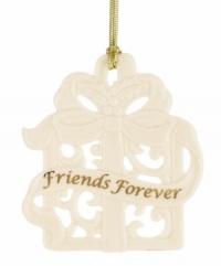 A Christmas gift that says it all. Sculpted in ivory porcelain with the words Friends Forever, this Lenox ornament is a meaningful present to give and receive. A Christmas gift that says it all. Sculpted in ivory porcelain with the words Friends Forever, this Lenox ornament is a meaningful present to give and receive.