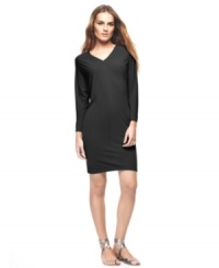 This matte jersey sheath dress features a flattering draped fit and an artfully sparing aesthetic. By Francisco Costa for Calvin Klein. This matte jersey sheath dress features a flattering draped fit and an artfully sparing aesthetic. By Francisco Costa for Calvin Klein.