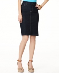 This petite denim pencil skirt from Not Your Daughter's Jeans offers a casual look that's still full of polished appeal. Easy to pair with heels, wedges and more! This petite denim pencil skirt from Not Your Daughter's Jeans offers a casual look that's still full of polished appeal. Easy to pair with heels, wedges and more!
