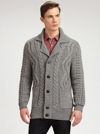 Shawl collar cardigan shaped in a textured, cable-knit wool blend.Button-frontShawl collarWaist patch pocketsRibbed knit cuffs and hem50% acrylic/25% wool/25% alpacaDry cleanImported Shawl collar cardigan shaped in a textured, cable-knit wool blend.Button-frontShawl collarWaist patch pocketsRibbed knit cuffs and hem50% acrylic/25% wool/25% alpacaDry cleanImported