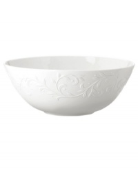 An elegant white-on-white pattern featuring an embossed vine motif and interior glaze lends the Opal Innocence Carved serving bowl to refined dining every day. An elegant white-on-white pattern featuring an embossed vine motif and interior glaze lends the Opal Innocence Carved serving bowl to refined dining every day.