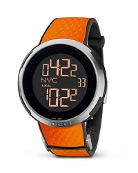 Gucci goes sporty with this rubber strap digital watch. Gucci goes sporty with this rubber strap digital watch.