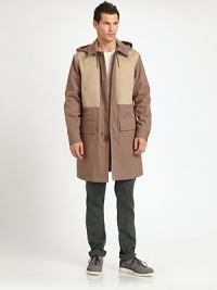 Crisp, cool cotton outerwear design fashioned in washed cotton with two-tone detail for impeccable style.Zip frontHidden snap-button placketAttached drawstring hoodFront flap pocketsAbout 37 from shoulder to hemCottonMachine washImported Crisp, cool cotton outerwear design fashioned in washed cotton with two-tone detail for impeccable style.Zip frontHidden snap-button placketAttached drawstring hoodFront flap pocketsAbout 37 from shoulder to hemCottonMachine washImported