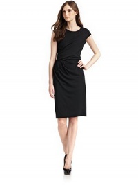 THE LOOKRound necklineCap sleevesSide ruchingBack pleats at waistBack zipperTHE FITAbout 39½ from shoulder to hemTHE MATERIAL65% viscose/35% polyesterFully linedCARE & ORIGINDry cleanImportedModel shown is 5'9 (175cm) wearing US size Small. THE LOOKRound necklineCap sleevesSide ruchingBack pleats at waistBack zipperTHE FITAbout 39½ from shoulder to hemTHE MATERIAL65% viscose/35% polyesterFully linedCARE & ORIGINDry cleanImportedModel shown is 5'9 (175cm) wearing US size Small.