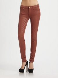 Crafted with fantastic stretch and recovery, these high-shine skinnies have a glossy coating that gives them a supple, leather-like appearance. THE FITMedium rise, about 8Inseam, about 30Leg opening, about 10THE DETAILSZip flyFive-pocket style98% cotton/2% spandexHand washMade in USAModel shown is 5'11 (178cm) wearing US size 4. Crafted with fantastic stretch and recovery, these high-shine skinnies have a glossy coating that gives them a supple, leather-like appearance. THE FITMedium rise, about 8Inseam, about 30Leg opening, about 10THE DETAILSZip flyFive-pocket style98% cotton/2% spandexHand washMade in USAModel shown is 5'11 (178cm) wearing US size 4.