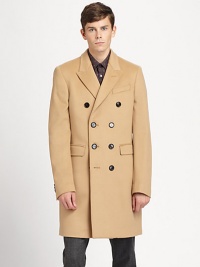 Destined to be at the top of every gentleman's outerwear wish list, this sumptuous overcoat is designed a luxe blend of wool and cashmere, and neatly tailored in double-breasted silhouette. A suitable topping for your work to weekend wardrobes.Button-frontChest welt, waist flap pocketsRear ventAbout 38 from shoulder to hem80% wool/20% cashmereDry cleanImported Destined to be at the top of every gentleman's outerwear wish list, this sumptuous overcoat is designed a luxe blend of wool and cashmere, and neatly tailored in double-breasted silhouette. A suitable topping for your work to weekend wardrobes.Button-frontChest welt, waist flap pocketsRear ventAbout 38 from shoulder to hem80% wool/20% cashmereDry cleanImported