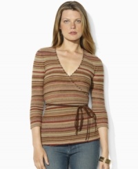 Alternating stripes lend modern panache to Lauren by Ralph Lauren's petite lightweight wrap top, crafted in a blend of linen and cotton. Alternating stripes lend modern panache to Lauren by Ralph Lauren's petite lightweight wrap top, crafted in a blend of linen and cotton.