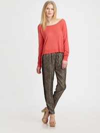 Slip into this soft-stretch design in a warm hue for a casual-cool look. BoatneckDropped shouldersLong sleevesRibbed trim at neckline, cuffs and hemViscoseDry cleanImportedModel shown is 5'10 (177cm) wearing US size Small. Slip into this soft-stretch design in a warm hue for a casual-cool look. BoatneckDropped shouldersLong sleevesRibbed trim at neckline, cuffs and hemViscoseDry cleanImportedModel shown is 5'10 (177cm) wearing US size Small.