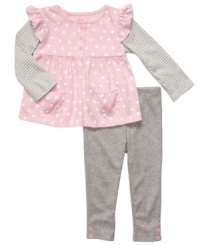 Keep her cute even when she's casual in this darling polka-dot and striped shirt and legging set from Carter's. Keep her cute even when she's casual in this darling polka-dot and striped shirt and legging set from Carter's.