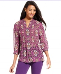 Charter Club's semi-sheer top features a tile-inspired print for an exotic touch. Pair it with colored jeans for on-trend style. Charter Club's semi-sheer top features a tile-inspired print for an exotic touch. Pair it with colored jeans for on-trend style.
