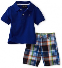 Nautica Sportswear Kids Baby-Boys Infant Solid Shirt With Plaid Short Set, Dark Blue, 12 Months