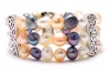 Matching 2-Piece Set: 7 MM Freshwater Cultured Pearl Stud Earrings & 7 Inch Adjustable Length 7 MM Pastel Multicolor Pink, White, & Black South Sea Baroque Pearl Stretch Bangle Bracelet, Antiqued Metal Accents