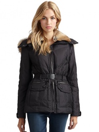 THE LOOKRemovable fur collarHoodedZip closureAngled zip pocket at chestDual zip pockets with flap accentsBelted waistZip cuffs with snap detailTHE FITAbout 24 from shoulder to hemTHE MATERIALShell: polyesterFill: down/waterfowl feathersFur: dyed rabbit furFully linedCARE & ORIGINMachine washFur origin: ChinaImportedModel shown is 5'10 (177cm) wearing US size Small. THE LOOKRemovable fur collarHoodedZip closureAngled zip pocket at chestDual zip pockets with flap accentsBelted waistZip cuffs with snap detailTHE FITAbout 24 from shoulder to hemTHE MATERIALShell: polyesterFill: down/waterfowl feathersFur: dyed rabbit furFully linedCARE & ORIGINMachine washFur origin: ChinaImportedModel shown is 5'10 (177cm) wearing US size Small.