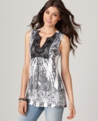 So cute, so fresh: One World updates a babydoll silhouette tank with a crochet bib and a smattering of studs! So cute, so fresh: One World updates a babydoll silhouette tank with a crochet bib and a smattering of studs!