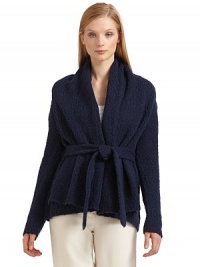 THE LOOKExaggerated shawl collarOpen-front styleLong sleevesRemovable tie-belt with belt loopsTHE FITAbout 27½ from shoulder to hemTHE MATERIAL75% wool/25% nylonCARE & ORIGINDry cleanImportedModel shown is 5'10 (177cm) wearing US size Small. THE LOOKExaggerated shawl collarOpen-front styleLong sleevesRemovable tie-belt with belt loopsTHE FITAbout 27½ from shoulder to hemTHE MATERIAL75% wool/25% nylonCARE & ORIGINDry cleanImportedModel shown is 5'10 (177cm) wearing US size Small.
