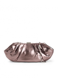 THE LOOKTuck-away crossbody chainLong clam-inspired silhouetteMetal frame topFlip top closureOne inside zip pocketTHE MEASUREMENT15W X 6H X ¼DTHE MATERIALPolyurethanePolyester trimORIGINImported THE LOOKTuck-away crossbody chainLong clam-inspired silhouetteMetal frame topFlip top closureOne inside zip pocketTHE MEASUREMENT15W X 6H X ¼DTHE MATERIALPolyurethanePolyester trimORIGINImported