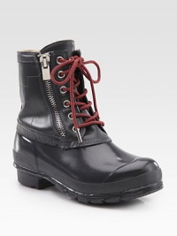 Rustic leather and rubber combo with a lace-up front and unique outer zipper. Rubber heel, 1 (25mm)Rubber and leather upperSide zipperPolyester liningRubber solePadded insoleImported Rustic leather and rubber combo with a lace-up front and unique outer zipper. Rubber heel, 1 (25mm)Rubber and leather upperSide zipperPolyester liningRubber solePadded insoleImported