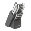 This sturdy, versatile knife set from Cuisinart includes an 8 chef knife, 8 slicing knife, 7 santoku knife, 4.5 serrated utility knife, 2.75 bird's beak paring knife, 3.5 paring knife, 6 stamped steak knives, shears and sharpening steel-plus bonus complimentary 5 santoku and utility shears-all housed in a stylish black stainless steel block.