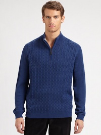A perfect mix of sporty and preppy, with cable-knit details and an easy half-zip closure.Ribbed mockneck collarHalf-zip frontLong sleeves with ribbed cuffsRibbed hemMerino woolDry cleanImported A perfect mix of sporty and preppy, with cable-knit details and an easy half-zip closure.Ribbed mockneck collarHalf-zip frontLong sleeves with ribbed cuffsRibbed hemMerino woolDry cleanImported