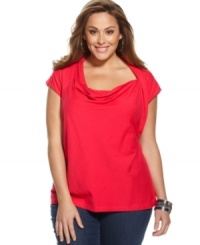 A draped neckline lends a unique feel to DKNYC's cap sleeve plus size top-- pair it with your favorite jeans! A draped neckline lends a unique feel to DKNYC's cap sleeve plus size top-- pair it with your favorite jeans!