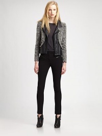 Chic gets an edge in this nubby wool-rich layer updated with sumptuous lamb leather panels and industrial zip details.Notch collarLong sleevesZip front closureFront flap pocketsFront slash zip pocketsPrincess seamsAbout 21 from shoulder to hemFully lined50% wool/20% polyester/20% polycotton/10% polyamideLeather trimDry cleanImported of Italian fabricModel shown is 5'11 (180cm) wearing US size Small. Chic gets an edge in this nubby wool-rich layer updated with sumptuous lamb leather panels and industrial zip details.Notch collarLong sleevesZip front closureFront flap pocketsFront slash zip pocketsPrincess seamsAbout 21 from shoulder to hemFully lined50% wool/20% polyester/20% polycotton/10% polyamideLeather trimDry cleanImported of Italian fabricModel shown is 5'11 (180cm) wearing US size Small.