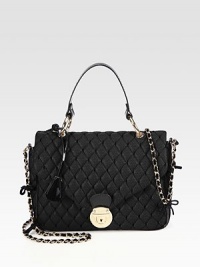 A truly feminine style with quilted point d'esprit over supple leather.Patent leather top handle, 5½Chain and velour shoulder strap, 23 dropSlide-lock flap closureOne inside zip pocketCotton lining10W X 7½H X 3½DMade in Italy A truly feminine style with quilted point d'esprit over supple leather.Patent leather top handle, 5½Chain and velour shoulder strap, 23 dropSlide-lock flap closureOne inside zip pocketCotton lining10W X 7½H X 3½DMade in Italy