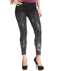 A metallic floral print with an ombre effect adds a cool edge to these GUESS skinny jeans -- a must-have for the season! A metallic floral print with an ombre effect adds a cool edge to these GUESS skinny jeans -- a must-have for the season!