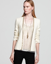 Metallic mesh embellishments bring modern day cool to this classic tweed jacket from Aqua--the perfect way to dress up your workday looks. Metallic mesh embellishments bring modern day cool to this classic tweed jacket from Aqua--the perfect way to dress up your workday looks.