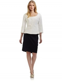 THE LOOKFine ribbed designRound necklinePleated detailsFront closure with pleated, covered buttons ¾ sleevesSeam detailsSlightly flared hemTHE FITAbout 22 from shoulder to hemTHE MATERIAL96% cotton/4% spandexFully linedCARE & ORIGINDry cleanImportedModel shown is 5'10 (177cm) wearing US size 4. THE LOOKFine ribbed designRound necklinePleated detailsFront closure with pleated, covered buttons ¾ sleevesSeam detailsSlightly flared hemTHE FITAbout 22 from shoulder to hemTHE MATERIAL96% cotton/4% spandexFully linedCARE & ORIGINDry cleanImportedModel shown is 5'10 (177cm) wearing US size 4.