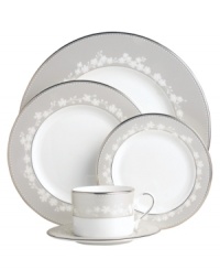 To entertain with grace and style, look no further than the Bellina 5-piece place settings from Lenox's dinnerware and dishes collection. Elegant bone china with a delicate floral design and textured white beads is finished with platinum trim. To entertain with grace and style, look no further than the Bellina 5-piece place settings from Lenox's dinnerware and dishes collection. Elegant bone china with a delicate floral design and textured white beads is finished with platinum trim.