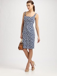 Vibrant, zig-zag print adds '70s flair to this sophisticated scoopback dress. SquareneckStrapsScoopbackBack zipperAbout 23 from natural waistCottonDry cleanMade in USA of Italian fabricModel shown is 5'10 (177cm) wearing US size 2. Vibrant, zig-zag print adds '70s flair to this sophisticated scoopback dress. SquareneckStrapsScoopbackBack zipperAbout 23 from natural waistCottonDry cleanMade in USA of Italian fabricModel shown is 5'10 (177cm) wearing US size 2.