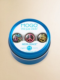 Packaged in a magnetic, reusable gift tin, these three peace sign charms click onto any MOGO charm bracelet. With so many styles there is a charm to match every mood!Silvertone and resinMagnetic attachmentSuitable for ages 8 and upImported Please note: Bracelet sold separately. Packaged in a magnetic, reusable gift tin, these three peace sign charms click onto any MOGO charm bracelet. With so many styles there is a charm to match every mood!Silvertone and resinMagnetic attachmentSuitable for ages 8 and upImported Please note: Bracelet sold separately.