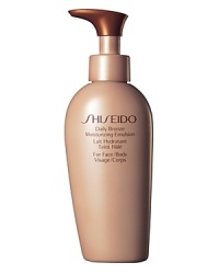 Shiseido Daily Bronze Moisturizing Emulsion. A gentle moisturizing emulsion for the face and body that promotes a gradual natural bronze color and dramatic silkiness with daily use. Creates subtle radiant color in a few days when applied daily. Maintains the beauty of a golden bronze glow longer when used each day on tanned skin. Contains Thiotaurine to help combat environmental factors. Absorbs quickly, moisturizers effectively, and leaves skin looking healthy and retexturized. Smooth emulsion evenly over face and body daily for best results. Shiseido Daily Bronze Moisturizing Emulsion. A gentle moisturizing emulsion for the face and body that promotes a gradual natural bronze color and dramatic silkiness with daily use. Creates subtle radiant color in a few days when applied daily. Maintains the beauty of a golden bronze glow longer when used each day on tanned skin. Contains Thiotaurine to help combat environmental factors. Absorbs quickly, moisturizers effectively, and leaves skin looking healthy and retexturized. Smooth emulsion evenly over face and body daily for best results.