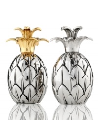 Basic spices will also pack a tropical punch with Godinger salt and pepper shakers. Nickel-plated pineapples topped with gold and silvertone leaves are a welcome addition to casual tables.