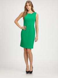Chic and textural, in a close-fitting style accented with a pleated shoulder detail.Jewel necklineAsymmetrical pleated shoulder detailDartsBack ventConcealed back zipFully linedAbout 22 from natural waist53% cotton/44% polyester/3% spandexDry cleanImportedModel shown is 5'10 (177cm)wearing US size 4. Chic and textural, in a close-fitting style accented with a pleated shoulder detail.Jewel necklineAsymmetrical pleated shoulder detailDartsBack ventConcealed back zipFully linedAbout 22 from natural waist53% cotton/44% polyester/3% spandexDry cleanImportedModel shown is 5'10 (177cm)wearing US size 4.