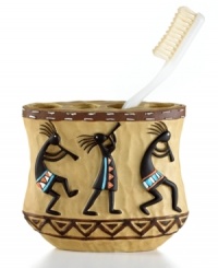 Revered by Native Americans, Kokopelli gives your bathroom an authentically Southwestern vibe. Saddle stitching frames the dancing deity on this dimpled toothbrush holder. Revered by Native Americans, Kokopelli gives your bathroom an authentically Southwestern vibe. Saddle stitching frames the dancing deity on this dimpled toothbrush holder.