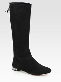 A jeweled heel and exposed back zipper upgrade this tall suede silhouette. Jeweled heel, ½ (15mm)Shaft, 14½Leg circumference, 13Suede upperBack zipLeather lining and solePadded insoleMade in Italy A jeweled heel and exposed back zipper upgrade this tall suede silhouette. Jeweled heel, ½ (15mm)Shaft, 14½Leg circumference, 13Suede upperBack zipLeather lining and solePadded insoleMade in Italy