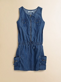 Denim gets a modern update in this ultra-cool, lightweight cotton, sleeveless frock with plenty of zippers and pockets.ScoopneckSleevelessFront zipperFront chest pocketsSide besom pockets with zippersElastic waistband with drawstring detailCottonMachine washImported Denim gets a modern update in this ultra-cool, lightweight cotton, sleeveless frock with plenty of zippers and pockets.ScoopneckSleevelessFront zipperFront chest pocketsSide besom pockets with zippersElastic waistband with drawstring detailCottonMachine washImported