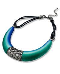 Blending materials works wonders for Style&co. This large statement necklace features teal hues and is crafted from hematite tone mixed metal. Features a leather strap and striking accent at the center. Approximate length: 17 inches + 3-inch extender. Approximate drop: 4 inches. Approximate width: 4 inches. Blending materials works wonders for Style&co. This large statement necklace features teal hues and is crafted from hematite tone mixed metal. Features a leather strap and striking accent at the center. Approximate length: 17 inches + 3-inch extender. Approximate drop: 4 inches. Approximate width: 4 inches.