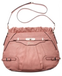 Subtle front pleating, embellished silver-tone turnlock and flirty ruched detail give this GUESS design an undecidedly feminine feel. Slender crossbody strap keeps hands free for a late-night cocktail or cup of coffee the morning after. Subtle front pleating, embellished silver-tone turnlock and flirty ruched detail give this GUESS design an undecidedly feminine feel. Slender crossbody strap keeps hands free for a late-night cocktail or cup of coffee the morning after.