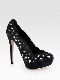 Metallic leather peek-a-boo cutouts add glamour to this suede platform pump with sexy scalloped edges. Suede-covered heel, 5 (125mm)Covered platform, 1 (25mm)Compares to a 4 heel (100mm)Suede and metallic leather upperLeather lining and solePadded insoleImported Metallic leather peek-a-boo cutouts add glamour to this suede platform pump with sexy scalloped edges. Suede-covered heel, 5 (125mm)Covered platform, 1 (25mm)Compares to a 4 heel (100mm)Suede and metallic leather upperLeather lining and solePadded insoleImported