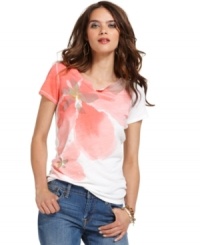 Bloom into a fresh look this season in Lucky Brand Jeans' graphic tee. The watercolor-inspired floral graphic makes a romantic impression. Bloom into a fresh look this season in Lucky Brand Jeans' graphic tee. The watercolor-inspired floral graphic makes a romantic impression.