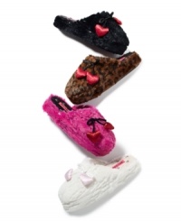 Slip into something completely cozy with these plush scuff slippers from Betsey Johnson, featuring an adorable heart bow and shimmery sequin. Slip into something completely cozy with these plush scuff slippers from Betsey Johnson, featuring an adorable heart bow and shimmery sequin.