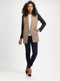 Zippered shawl collar, colorblocked sleeves and a unique back vent characterize this wool-rich jacket with a hint of cashmere. Zipper-detailed shawl collarLong sleevesFront flap pocketsBack ventFully linedAbout 31 from shoulder to hem75% wool/20% polyamide/5% cashmereDry cleanImported of Italian fabricModel shown is 5'9½ (176cm) wearing US size 2. Zippered shawl collar, colorblocked sleeves and a unique back vent characterize this wool-rich jacket with a hint of cashmere. Zipper-detailed shawl collarLong sleevesFront flap pocketsBack ventFully linedAbout 31 from shoulder to hem75% wool/20% polyamide/5% cashmereDry cleanImported of Italian fabricModel shown is 5'9½ (176cm) wearing US size 2.