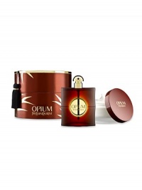 The Opium by Yves Saint Laurent Prestige Set contains a 3 oz. Eau de Parfum Spray and a 6.6 oz. Body Crème in a deluxe reusable box. The Opium by Yves Saint Laurent Prestige Set contains a 3 oz. Eau de Parfum Spray and a 6.6 oz. Body Crème in a deluxe reusable box.