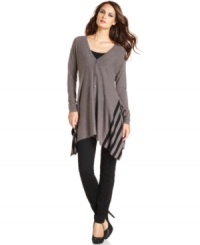 Alfani's asymmetrical-hem cardigan looks extra stylish with a dose of stripes at each side. Alfani's asymmetrical-hem cardigan looks extra stylish with a dose of stripes at each side.