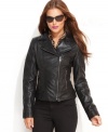 Rev up your engines, ladies! GUESS updates a classic leather motorcycle jacket with a sexy feminine fit.