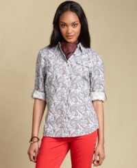 Tommy Hilfiger's paisley-printed shirt adds a tailored touch to your wardrobe. Pair it with colored jeans and a scarf for preppy panache! Tommy Hilfiger's paisley-printed shirt adds a tailored touch to your wardrobe. Pair it with colored jeans and a scarf for preppy panache!